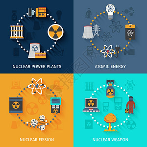 核能裂变原子能发电生产中的4个平图标,方形构图,横幅抽象孤立矢量插图核能4平图标成背景图片
