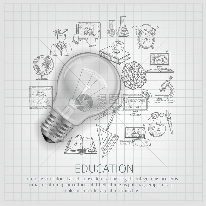 教育与学素描图标现实灯泡矢量插图教育插图图片
