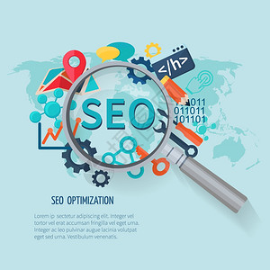 网站排名SEO营销与研究符号世界放大镜矢量插图SEO营销平台插画