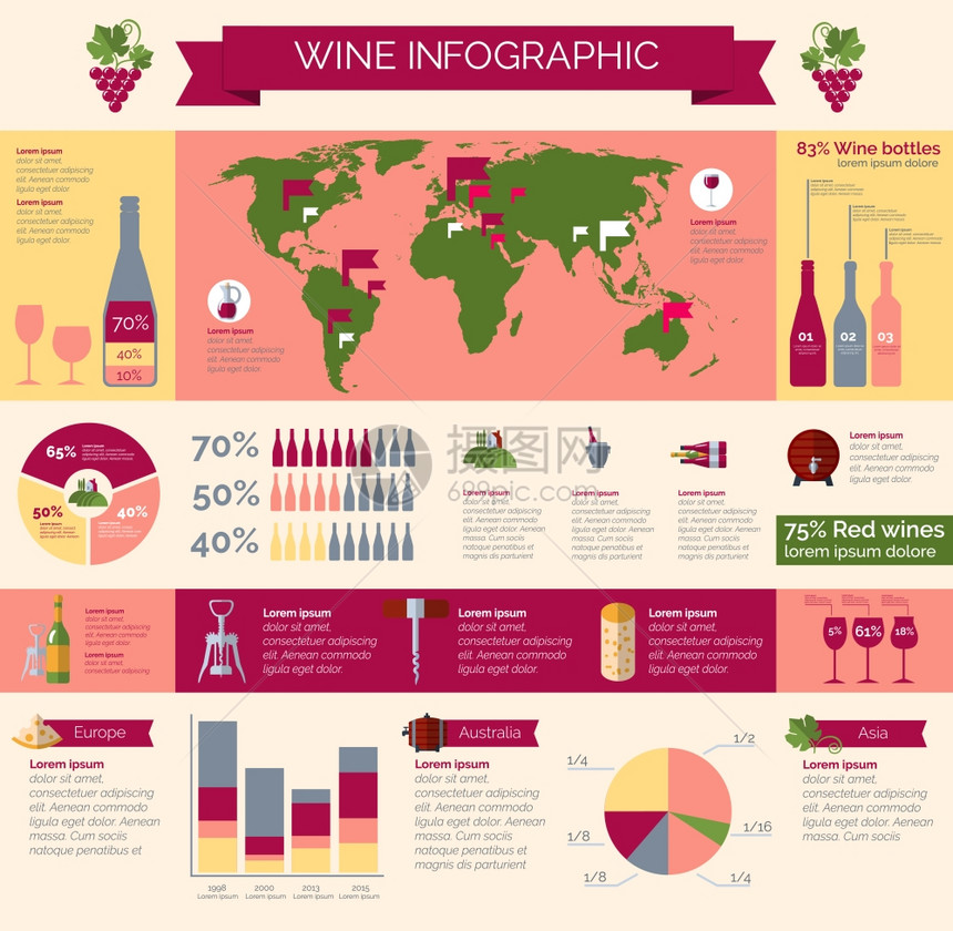 葡萄酒生产分销信息海报世界各地酒厂生产统计葡萄酒收藏分布消费信息展示海报打印抽象矢量插图图片