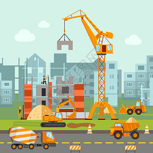挖掘机机建筑工作过程与房屋建筑机器平矢量插图建筑工作插图插画