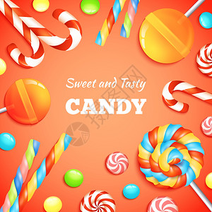橙色棒棒糖糖果背景与现实糖果棒棒糖糖果矢量插图糖果糖果背景插画