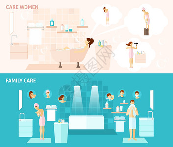 男人淋浴家庭妇女护理横幅妇女家庭卫生护理平横横幅矢量插图插画