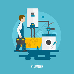 水管工与洗衣机浴缸管道系统图标平矢量插图扁平水管工图标图片