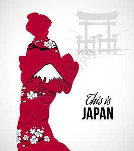 日本美丽艺妓剪影与樱花花卉山脉海报矢量插图艺妓剪影插图插画