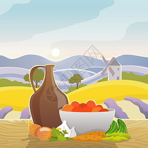 蔬菜生活与农村地中海景观的背景平矢量插图乡村景观与静物图片