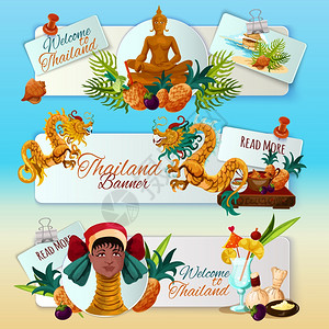 泰国旅行广告泰国旅游横幅水平卡通传统文化元素孤立矢量插图泰国旅游横幅插画