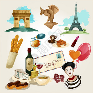 巴黎旅游集与卡通包葡萄酒牛角包酒瓶图标孤立矢量插图巴黎旅游套装图片