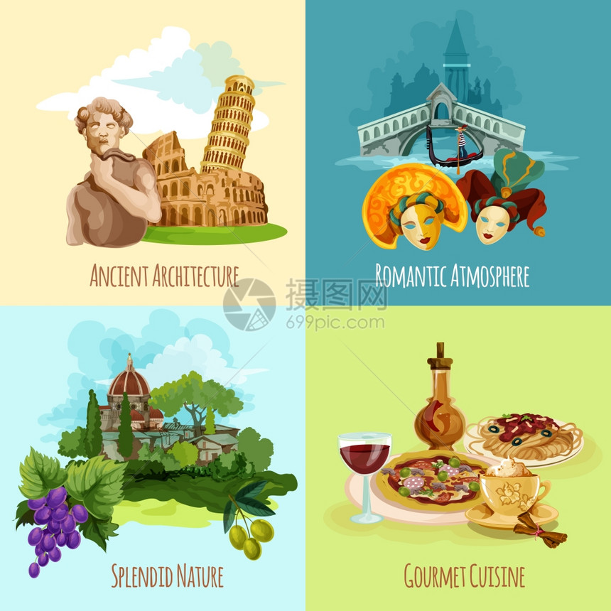意大利旅游理念集建筑自然美食卡通图标孤立矢量插图意大利旅游套装图片