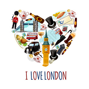 旅行纪念品伦敦旅游海报与卡通旅游地标心形矢量插图伦敦旅游海报插画