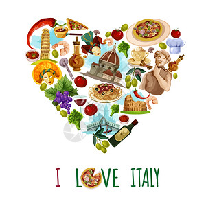 意大利海报与卡通旅游地标心形矢量插图意大利旅游海报图片