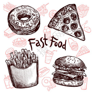披萨草快餐饮料素描套装许多快餐饮料草图集矢量插图插画