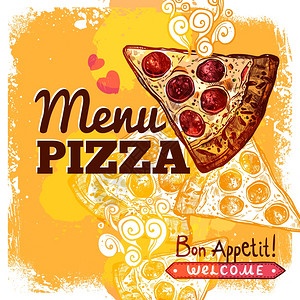 意大利提包品牌快餐店菜单封模板与手绘比萨饼切片矢量插图快餐菜单插画