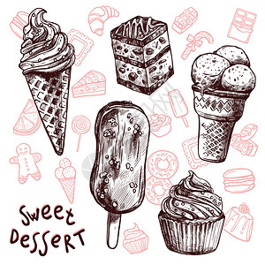 冰淇淋蛋糕糖果草图矢量插图冰淇淋蛋糕素描套装图片