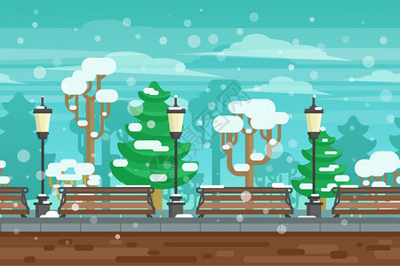 冬季花园景观海报冬季花园景观与灯笼长凳下的雪涂鸦海报矢量插图背景图片