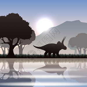 贾湖骨笛景观中的剪影龙三龙龙轮廓风景中与湖山巨树矢量插图插画