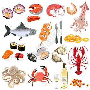 白鳍鱼海鲜图标寿司龙虾虾白酒瓶隔离矢量插图海鲜图标插画