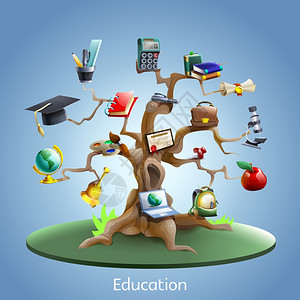 教育树的教育学树与笔记本电脑毕业证书的蓝色背景卡通矢量插图图片