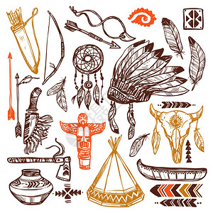 美洲土著人用手绘羽毛头带传统图案矢量插图美洲土著人设定了图片