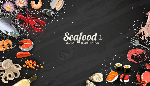 蟹籽寿司海鲜背景与鱼虾寿司美味矢量插图海鲜鱼的背景插画