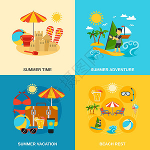暑假冒险图标暑假冒险图标沙堡冲浪海滩休息平孤立矢量插图图片