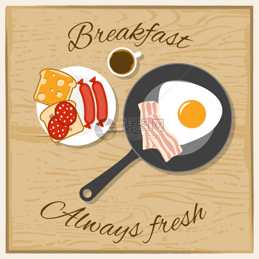 早餐颜色平早餐咖啡炒鸡蛋,培根三明治,总新鲜的文字,平颜色矢量插图图片