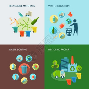回收减少废物图标回收废物减少图标与材料分类平隔离矢量插图图片