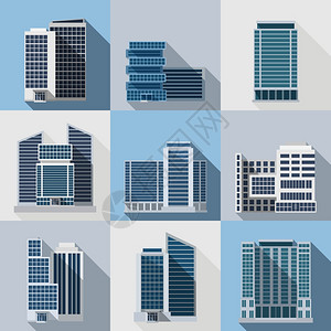 现代建筑图标办公楼商务楼平长阴影图标集孤立矢量插图办公楼套装插画