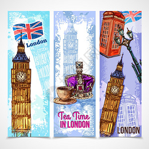 伦敦电话亭伦敦垂直横幅素描旅游景点符号孤立矢量插图伦敦横幅套插画