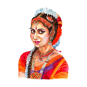 服装展览印度妇女肖像水彩插图传统女装发型丽的印度女士的肖像,红色水彩抽象矢量插图插画