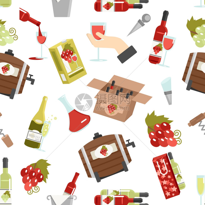 葡萄酒颜色无缝图案葡萄酒瓶子,桶眼镜与配件颜色无缝图案矢量插图图片