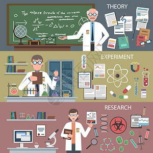 科学理论科学水平横幅集理论实验研究元素孤立矢量插图科学横幅套插画