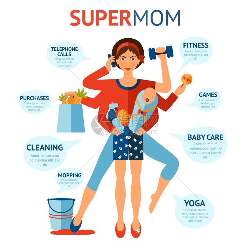 多任务超级妈妈与妇女抱着婴儿家务物品手矢量插图超级妈妈的图片
