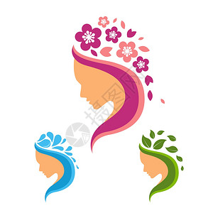 美容院标志女轮廓与花,水叶元素隔离矢量插图美容标志套装背景图片