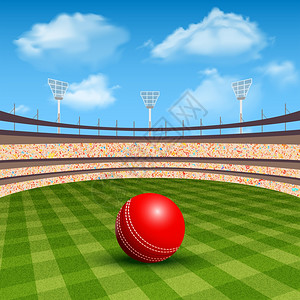 开放的板球体育场与现实的红色皮球矢量插图板球体育场背景图片