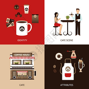 咖啡厅服务员制作咖啡咖啡厅与咖啡馆身份平图标孤立矢量插图咖啡屋公寓插画