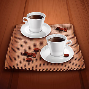 白色瓷杯咖啡现实背景与两个瓷杯木制桌子矢量插图咖啡现实背景插画