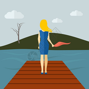 孤独的女孩站湖墩上,背景平矢量插图,干树灰色的天空孤独的女孩平平图片