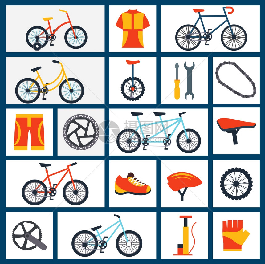 自行车配件平图标山地运动城市自行车配件与手套头盔平图标抽象孤立矢量插图图片