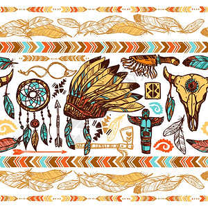 美洲土著人无缝模式美洲土著风格的羽毛装饰,手鼓,战争帽图腾颜色无缝图案矢量插图背景图片
