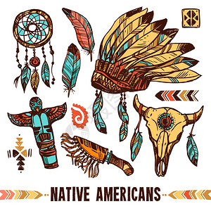 美洲土著人装饰图标集美洲土著风格的头骨鼓战争帽子与羽毛颜色装饰图标矢量插图背景图片