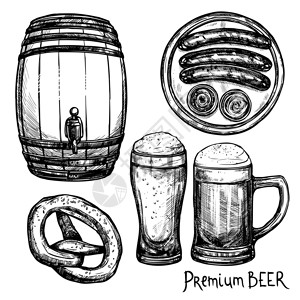 啤酒素描装饰图标啤酒品脱桶与香肠椒盐卷饼草图装饰图标矢量插图图片