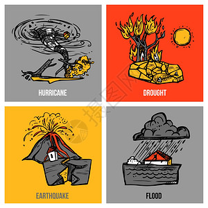 减轻灾害风险自然灾害与飓风洪水素描孤立矢量插图自然灾害已经确定插画