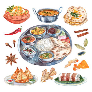印度餐厅食品成分成传统印度菜餐厅食品配料象形文字构图海报与主菜副菜抽象矢量插图背景图片