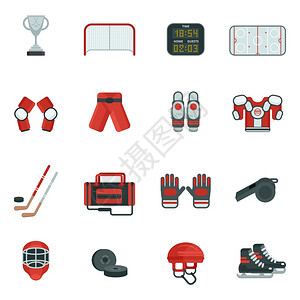 曲棍球装饰图标曲棍球归属服装设备配件溜冰鞋冰球推杆平颜色图标矢量插图图片