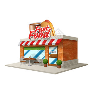 三维快餐店咖啡馆建筑隔离白色背景矢量插图快餐店图片