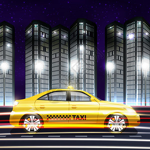 移动黄色出租车夜间城市背景矢量插图城市背景的出租车图片