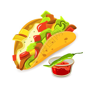 玉米热狗墨西哥食品玉米饼的墨西哥传统美食菜塔科辣椒鲜色平孤立矢量插图插画