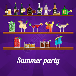 酒会图片夏季鸡尾酒会与饮料茶点货架矢量插图夏季鸡尾酒会的插画
