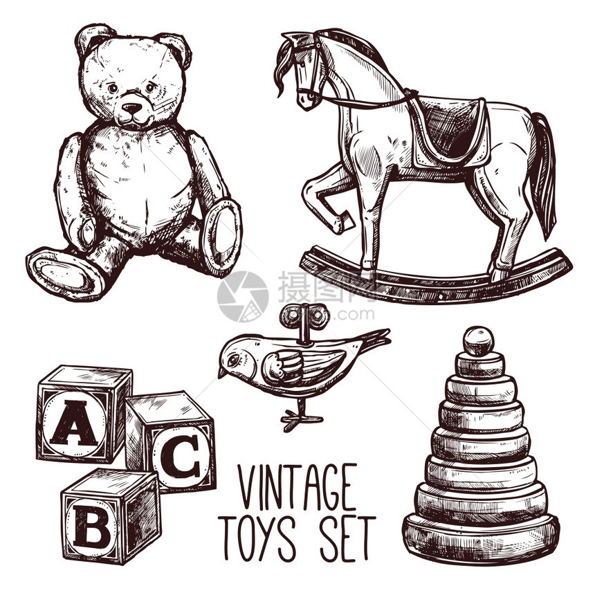 老式玩具与素描泰迪熊马金字塔孤立矢量插图老式玩具套装图片